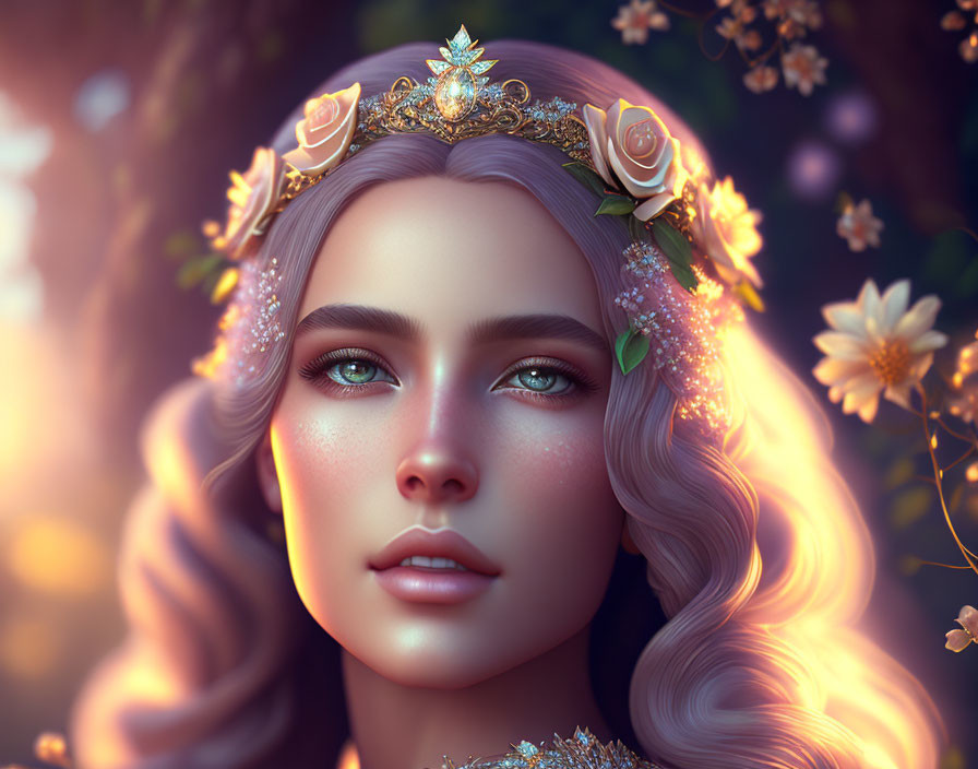 Digital portrait of woman with wavy hair, crown, jewels, roses, green eyes, ethereal