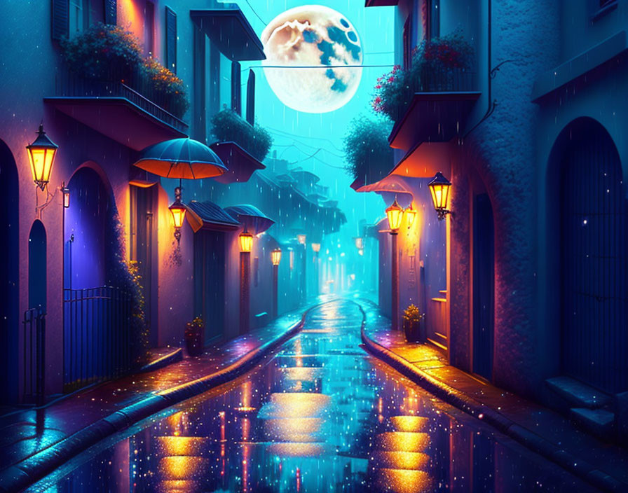 Night scene: cobblestone alley with glowing lamps, floating umbrellas, full moon, and star