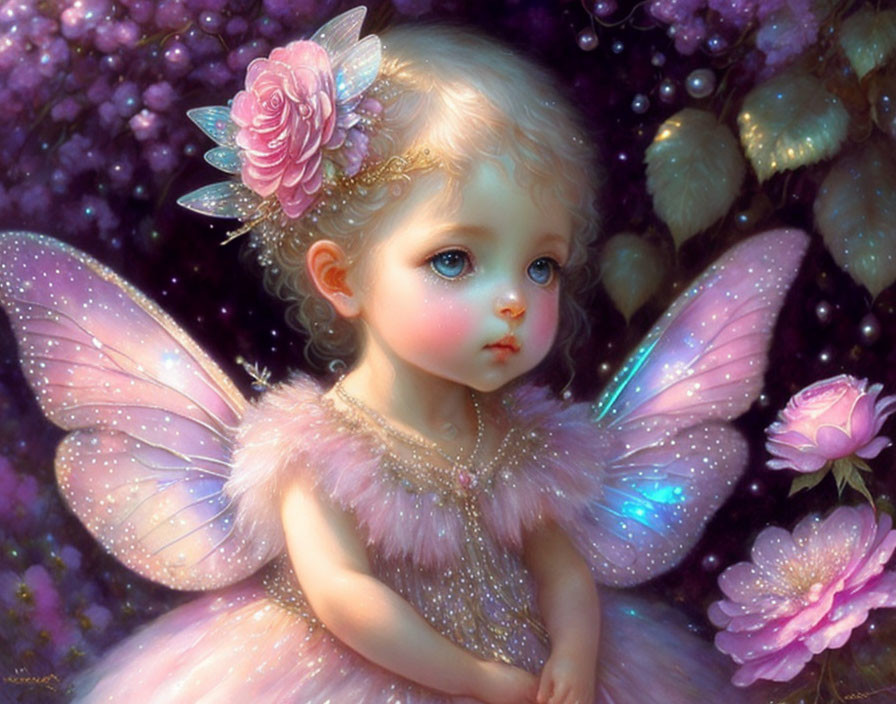 Child-like fairy with delicate wings in pink dress among pink flowers.