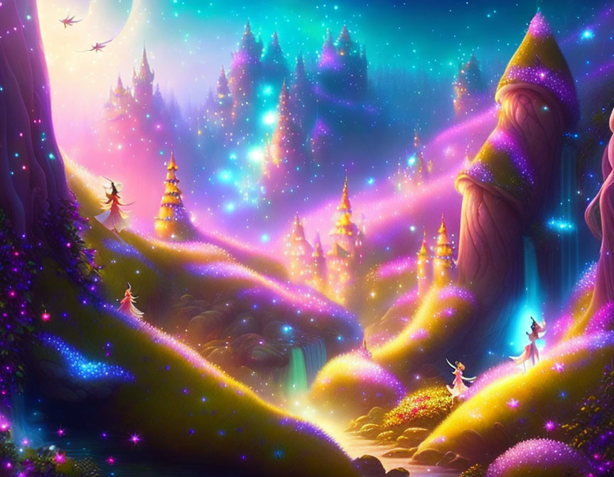 Luminous fantasy landscape with glowing trees, flowers, paths, and castles