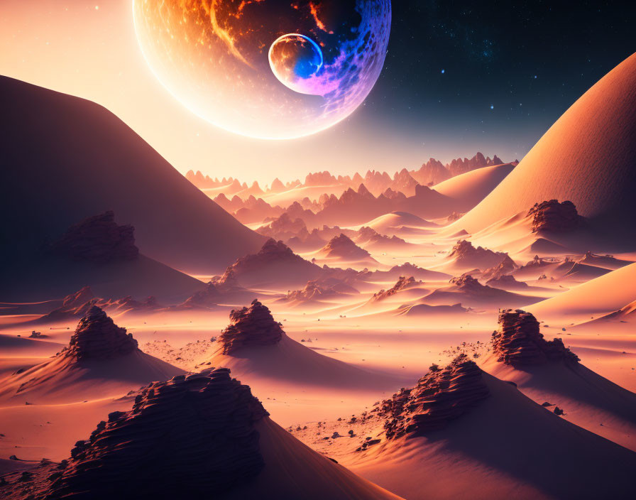 Surreal desert landscape with large planet and moon in starry sky