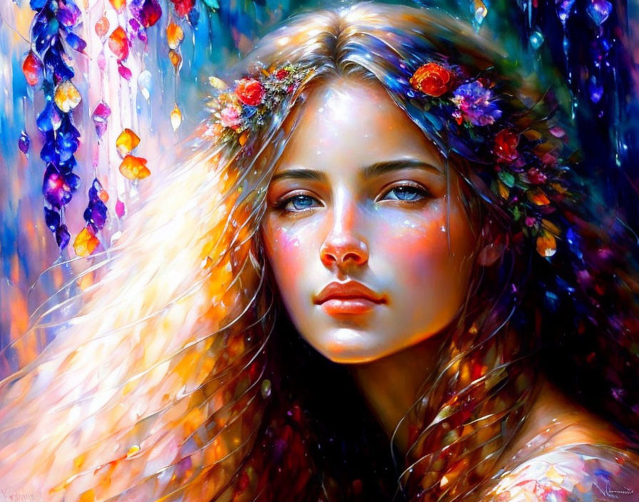 Colorful digital painting of a woman with floral crown and flowing blonde hair