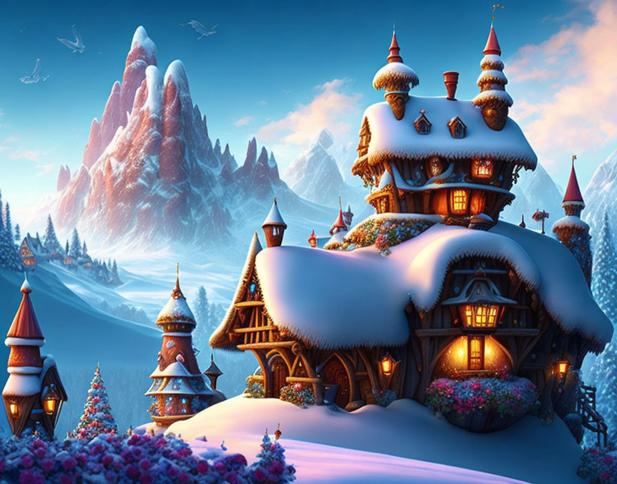 Snow-covered winter village with fairytale cottages in serene snowy landscape