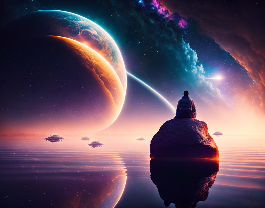 Person sitting on rock gazes at large planet with floating ships under cosmic sky.