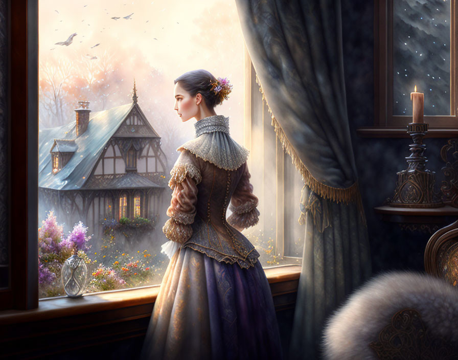 Historical woman in dress looking out window at village with birds at twilight