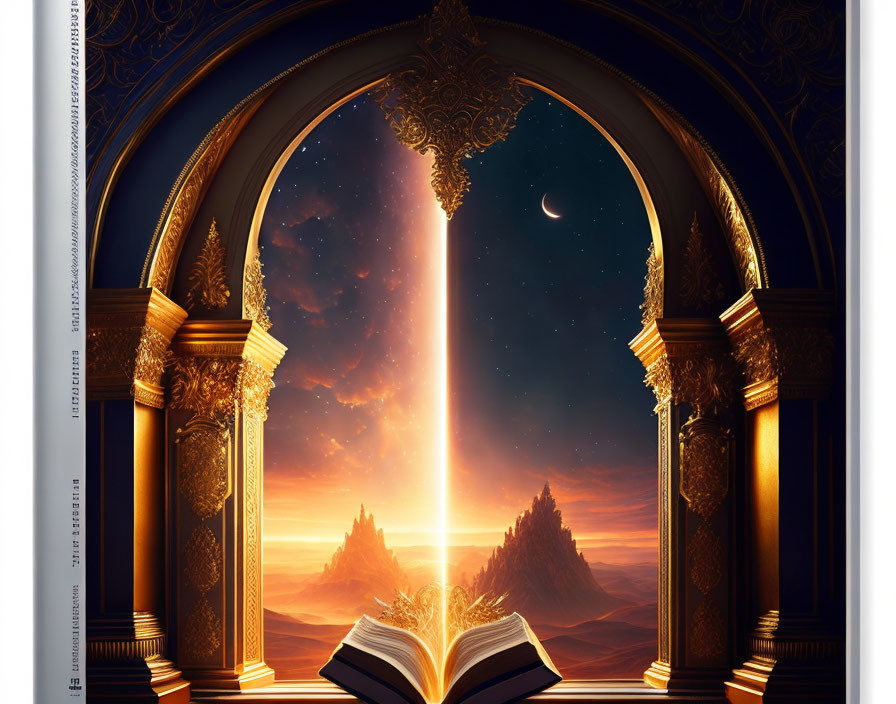 Open Book Emitting Glowing Light Leads to Sunset Landscape Through Archway