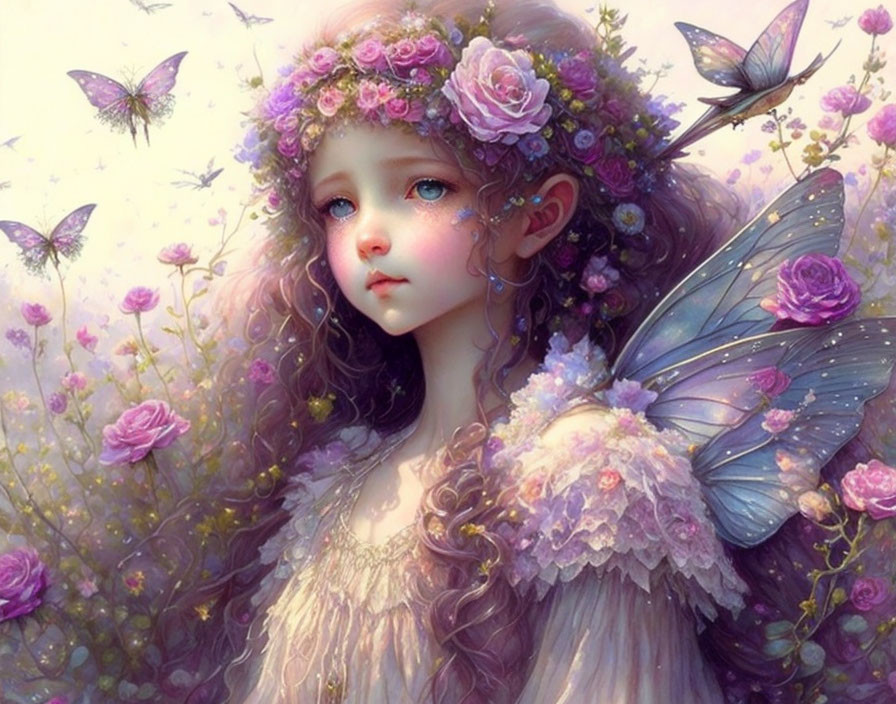 Fantasy illustration of young girl with butterfly wings and floral crown surrounded by butterflies and flowers in pastel