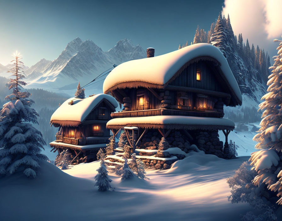 Winter Scene: Snow-covered Chalets, Pine Trees, and Mountains at Dusk