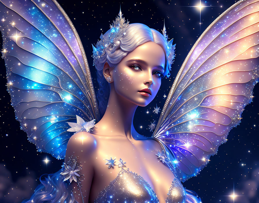 Fantastical illustration of woman with butterfly wings in starry night sky