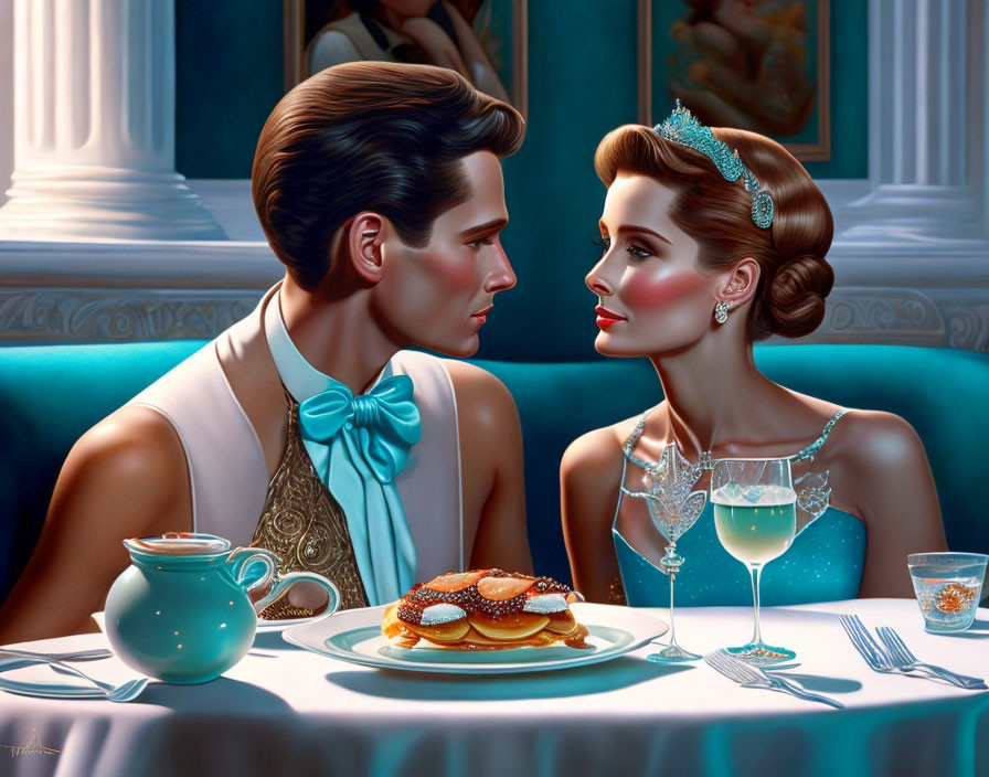 Elegant couple in formal attire enjoying pancakes and drinks at a retro-themed table