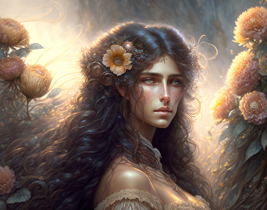 Ethereal woman with flowery adornments in wavy hair and golden light surrounded by blooming