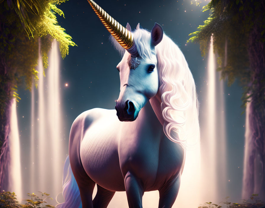 Majestic unicorn with gleaming horn in enchanted forest