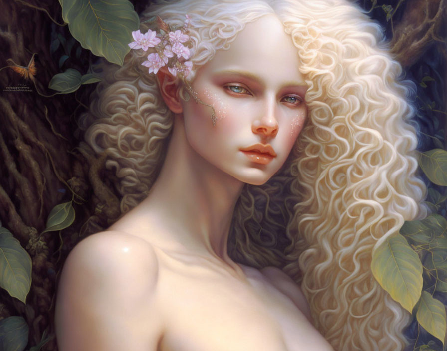 Fantasy portrait of a pale woman with curly blonde hair and floral adornments