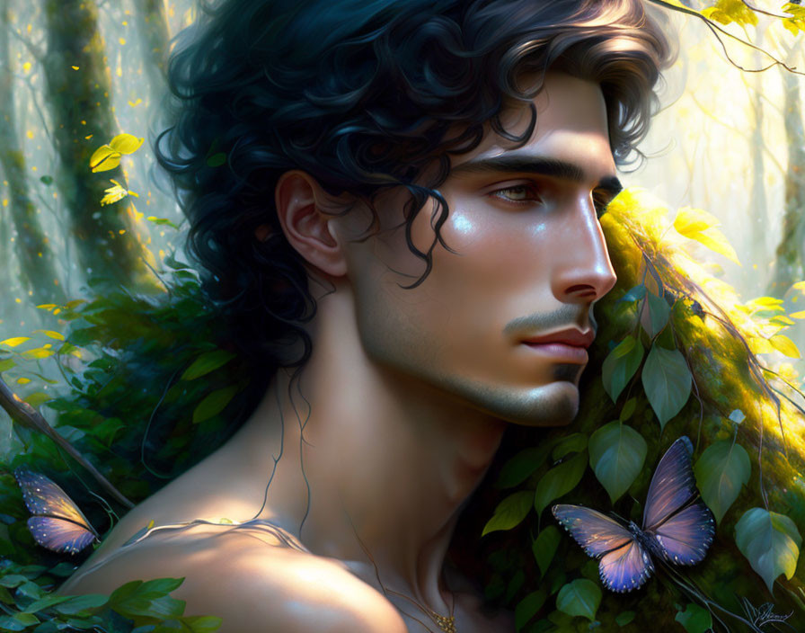 Man with Curly Black Hair in Sunlit Forest with Butterflies