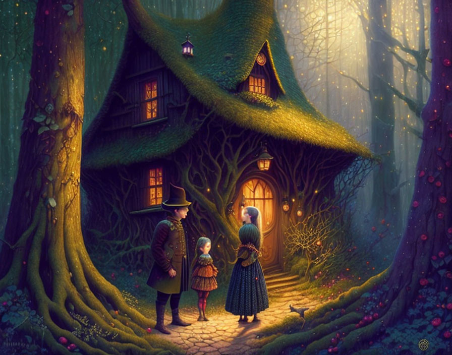 Family standing by cozy treehouse in mystical forest