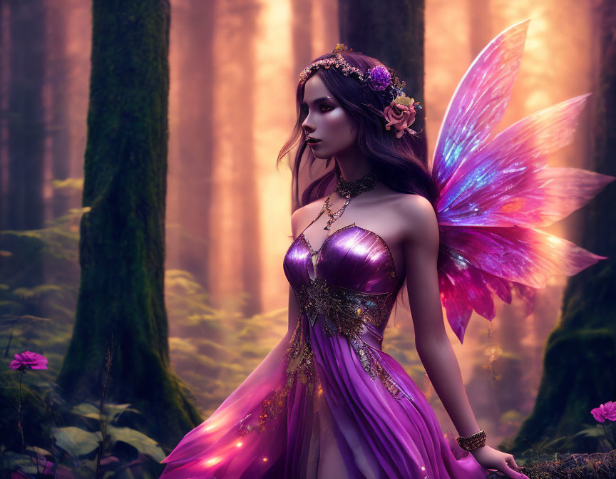 Mystical fairy with iridescent wings in a magical forest