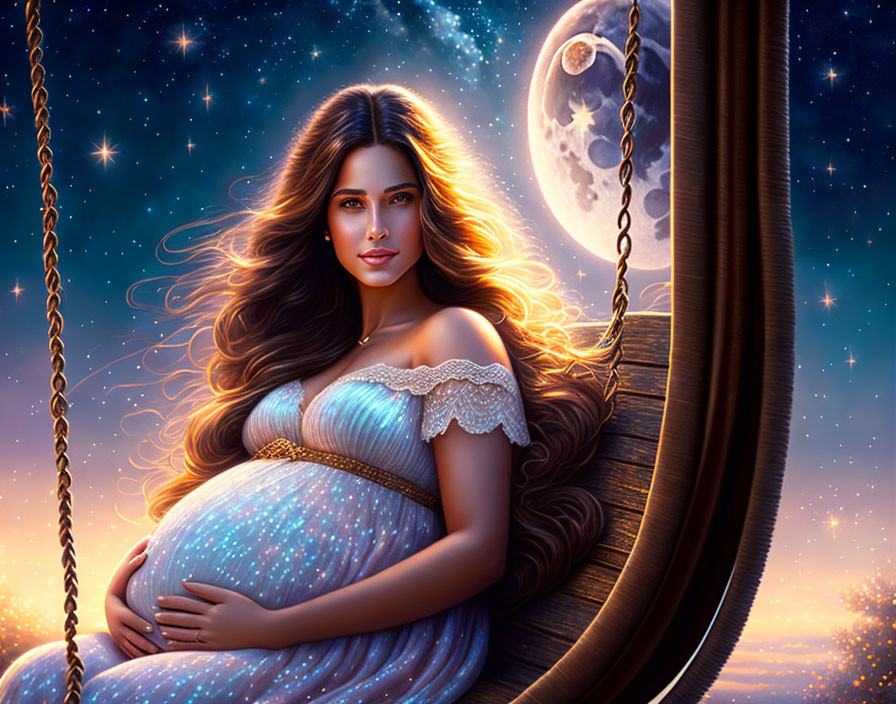 Illustration of pregnant woman on swing under starry sky