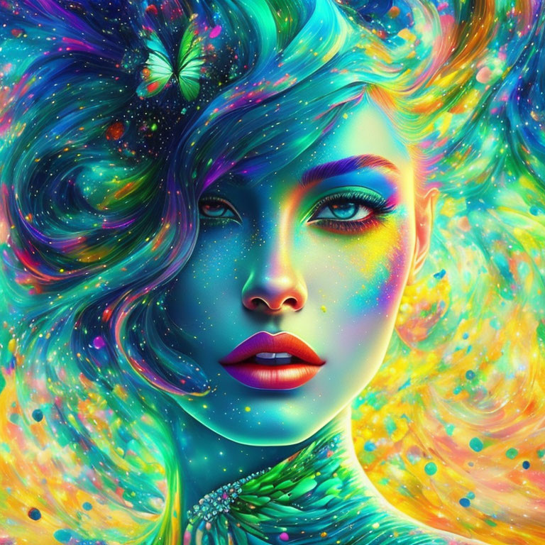 Colorful digital artwork: Woman with flowing hair and makeup in cosmic background