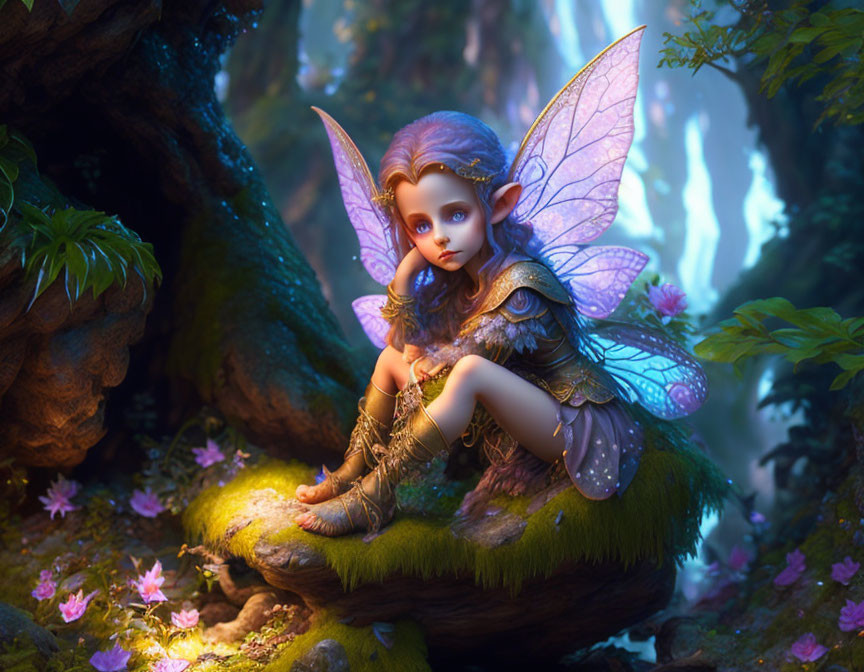 Enchanting fairy with iridescent wings in magical forest