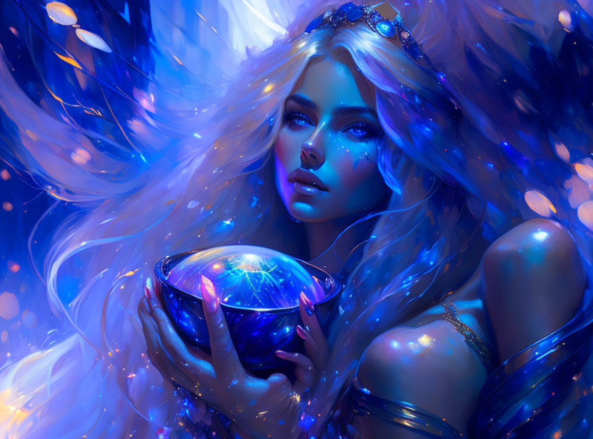 Blue-skinned woman with white hair holding glowing orb in ethereal setting