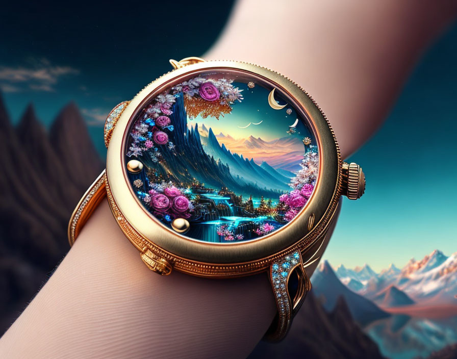 Luxurious wristwatch featuring fantasy landscape art, flowers, gemstones on golden case.