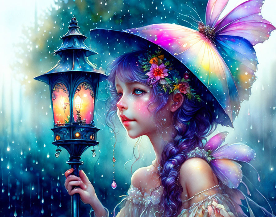 Illustration of girl with purple hair and colorful umbrella in magical forest.