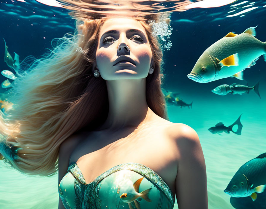 Woman in Mermaid Costume Swimming with Fish Underwater