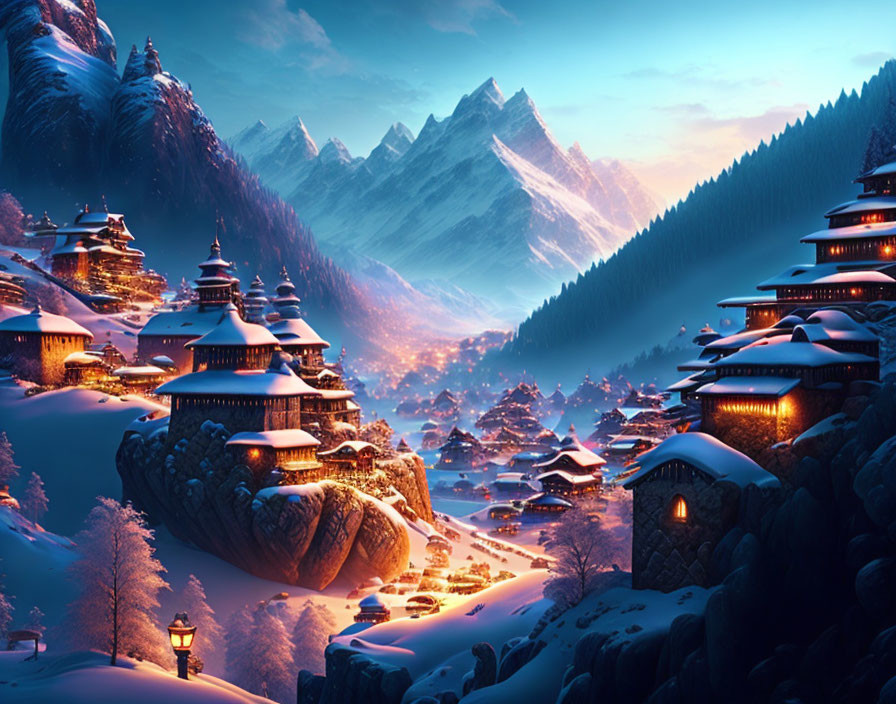 Snow-covered traditional buildings in serene winter scene with glowing lights amidst forested mountains under twilight sky