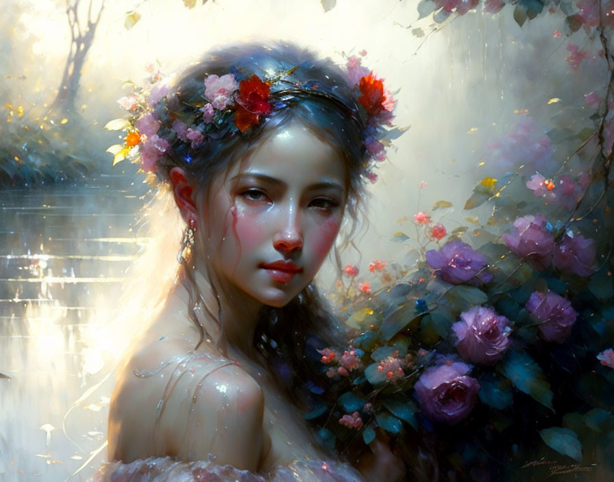 Young woman portrait with floral crown in impressionistic setting.