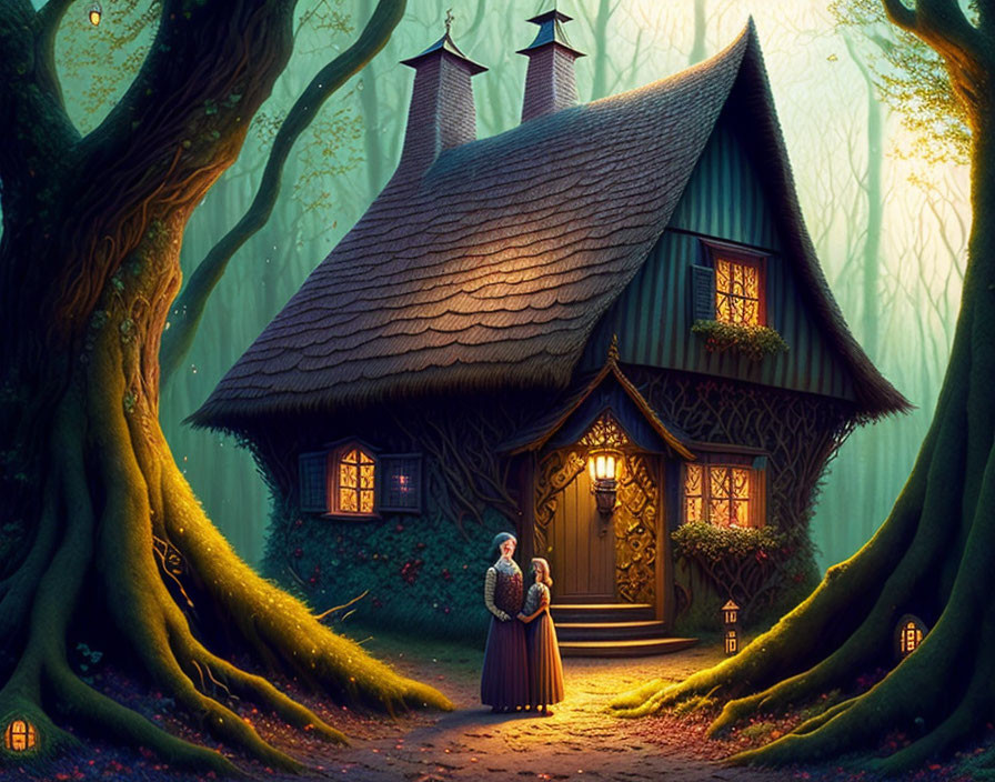 Illustration of Thatched Roof Cottage in Enchanted Forest with Woman in Vintage Clothing