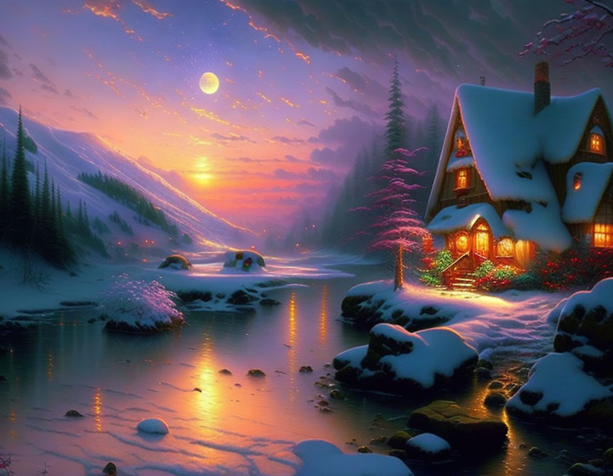 Snow-covered cottage by frozen river at sunset with full moon