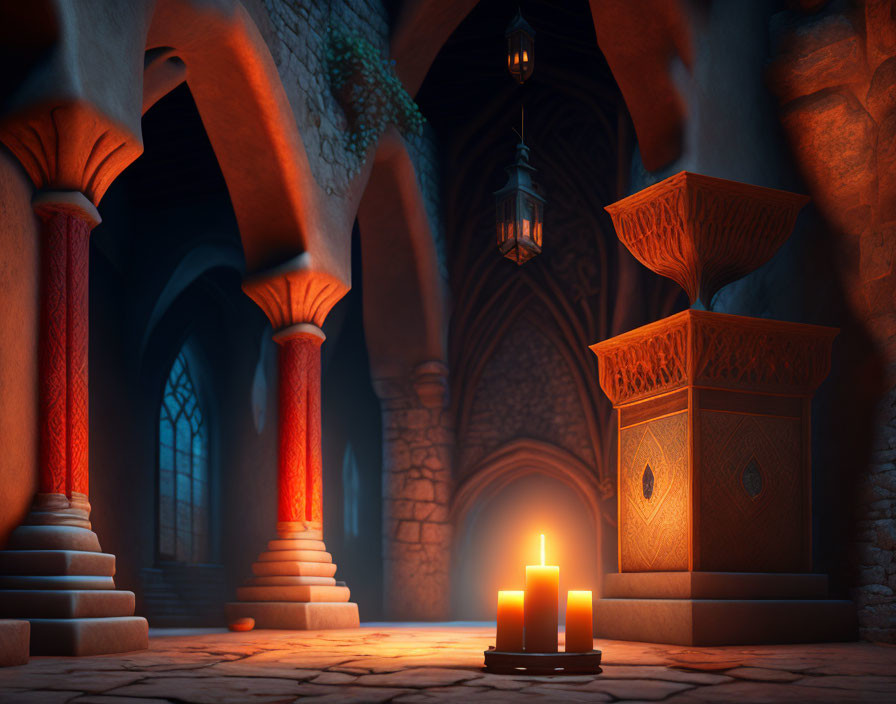 Medieval crypt with glowing candles, hanging lantern, stone arches, intricate carvings