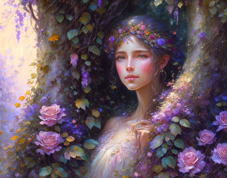 Portrait of woman with floral crown in magical setting.