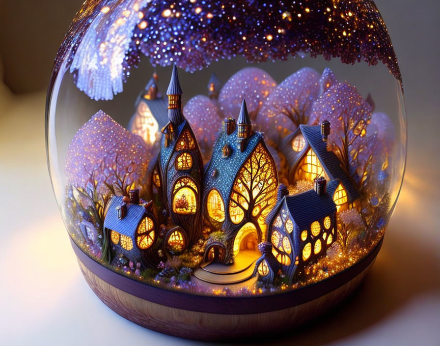 Miniature illuminated village in glass globe under starry night sky