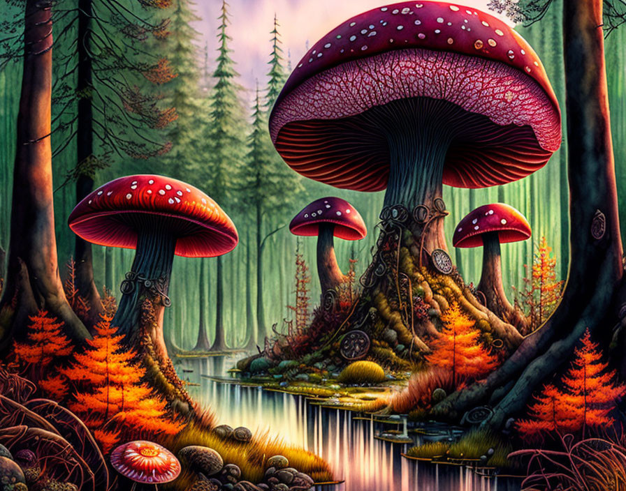 Fantastical forest scene with oversized red mushrooms and colorful flora