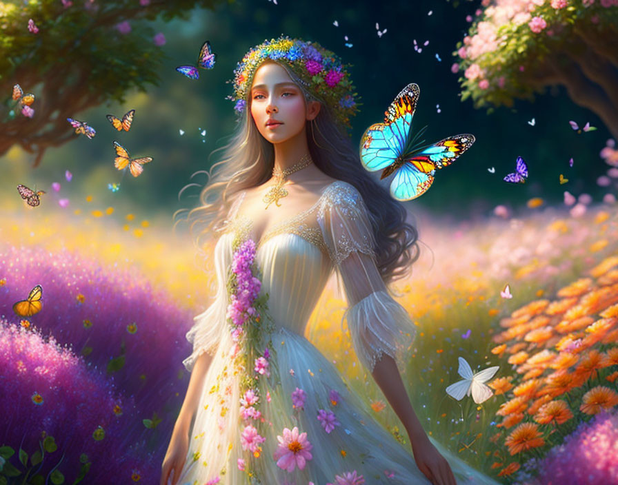 Woman in White Dress Surrounded by Butterflies in Colorful Meadow