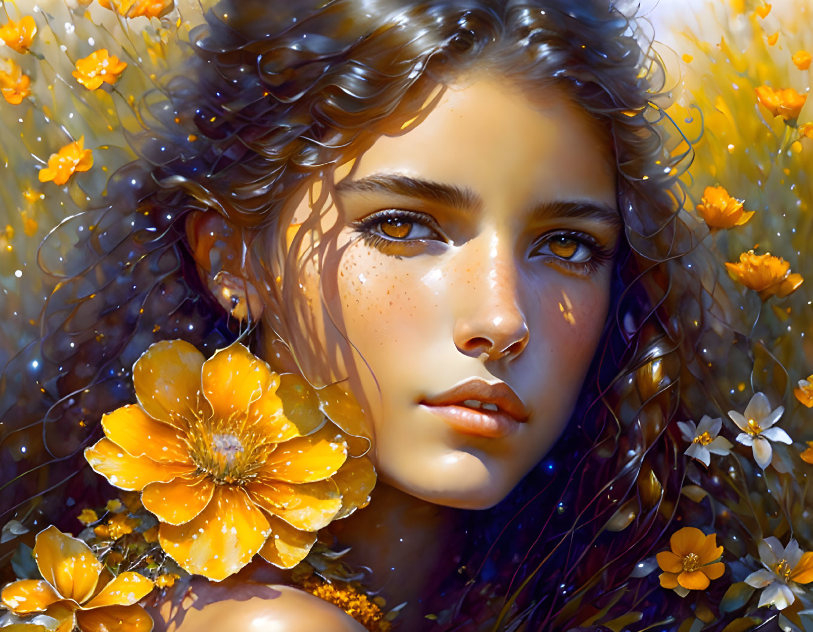 Digital artwork: Young woman with freckles, orange flowers, and sunlight.