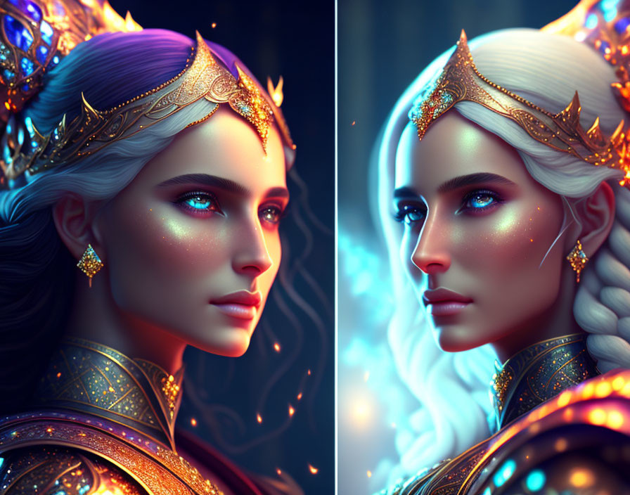 Fantasy female character with glowing blue eyes and ornate gold tiara.