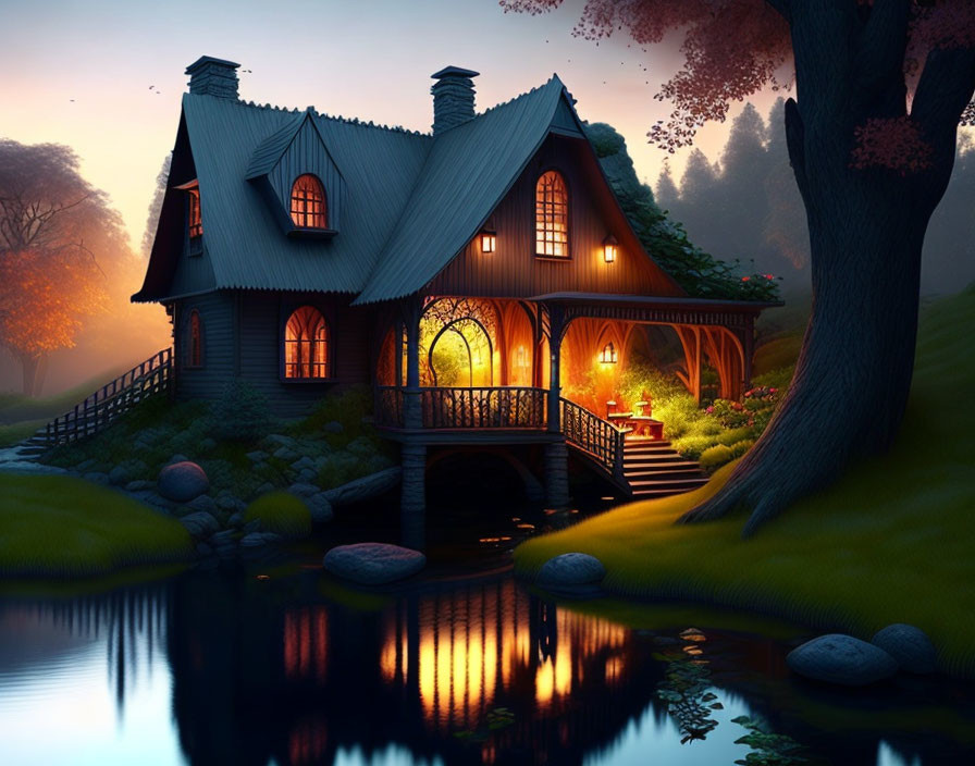 Tranquil twilight scene of illuminated cottage by pond