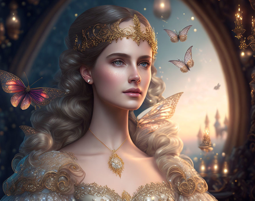 Ethereal woman adorned with golden jewelry in fantasy setting