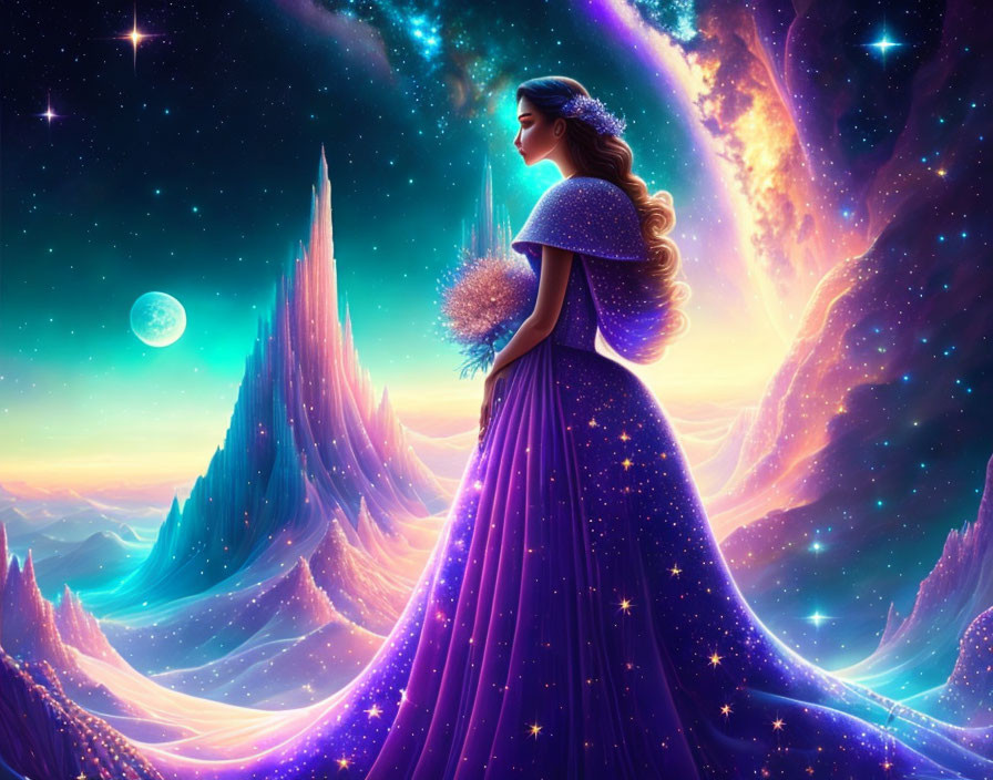 Starry Gown Woman Contemplates Cosmic Landscape