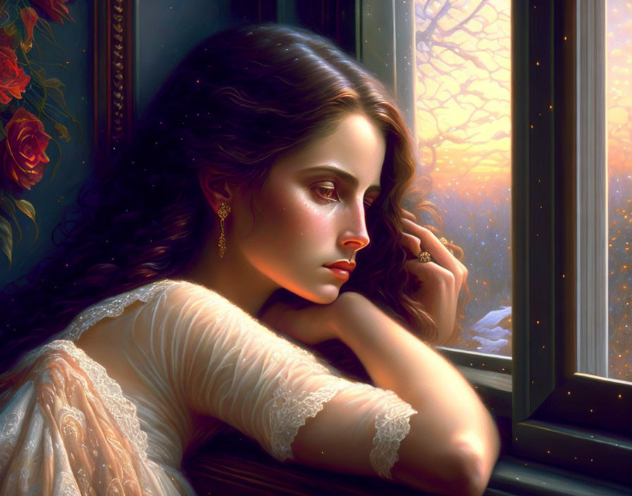 Dark-haired woman in off-shoulder dress gazes out window at twilight scene with roses.