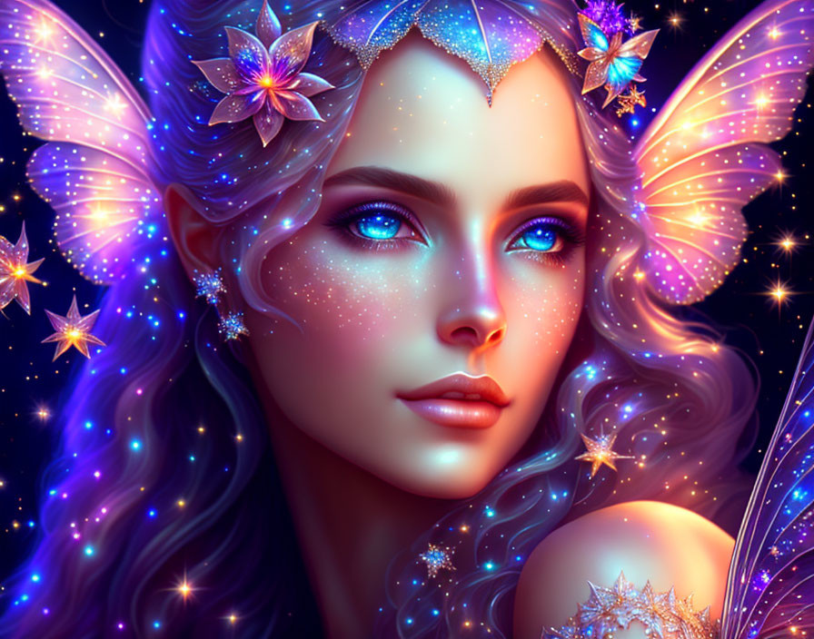 Fantastical portrait of female figure with blue eyes, violet butterfly wings, stars, and floral elements