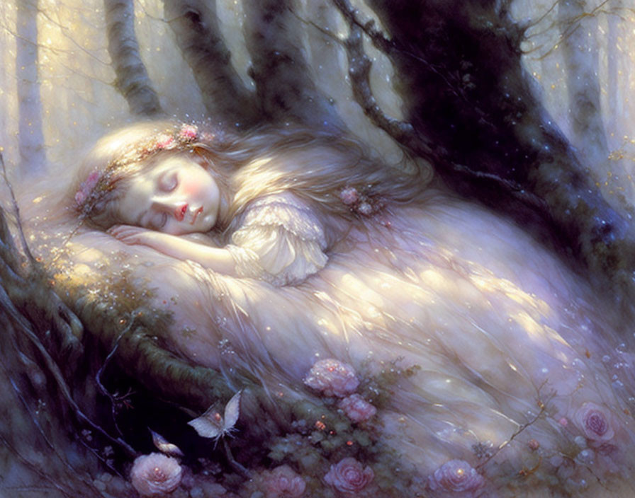 Woman in White Dress Sleeping in Forest with Flowers and Moth