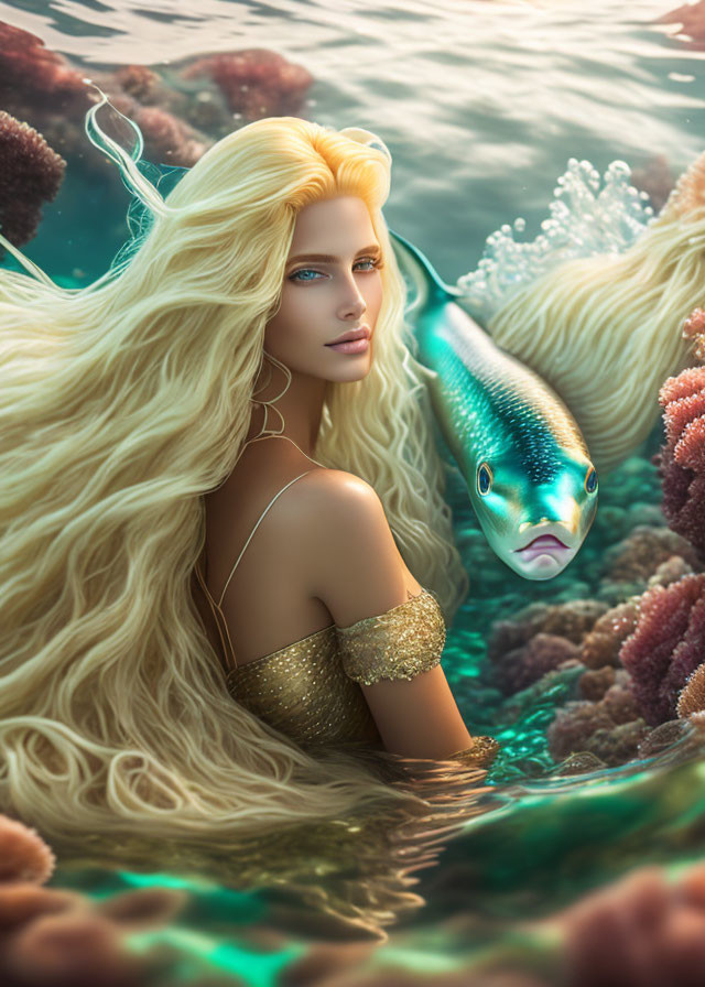 Mermaid digital art: blonde hair, golden armwear, swimming near colorful corals with fish