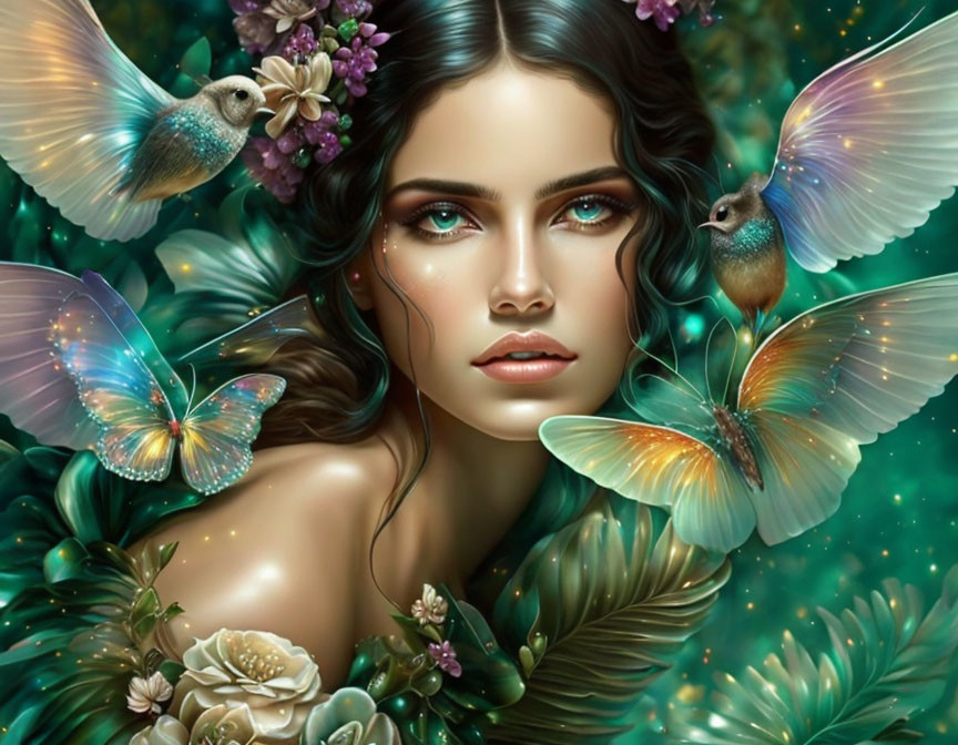 Fantastical portrait of woman with butterflies and hummingbirds in vibrant greenery.