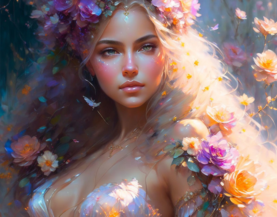 Fantasy portrait of a woman with ethereal flowers and vibrant colors