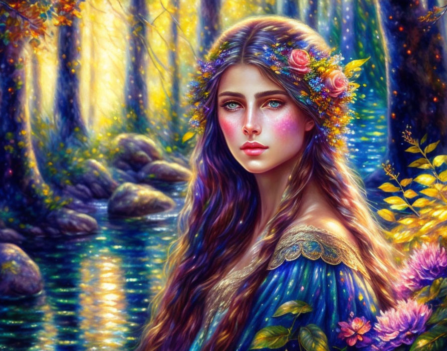 Woman with vibrant flower hair in front of ethereal forest backdrop