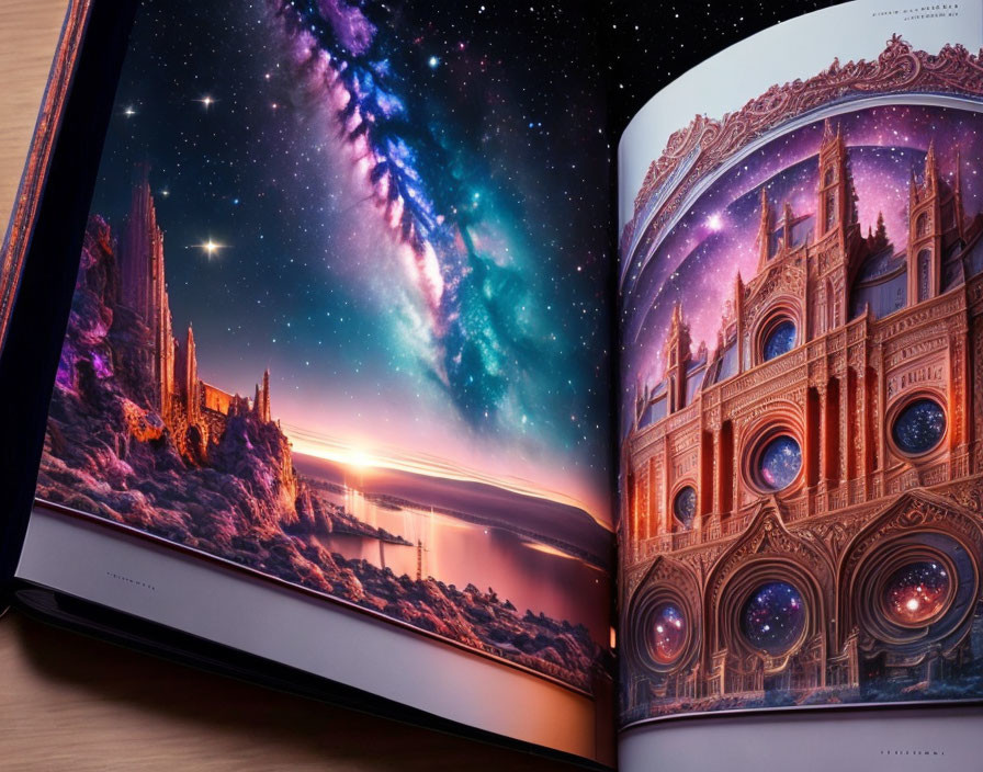 Photobook with vibrant cosmic and fantastical architecture imagery