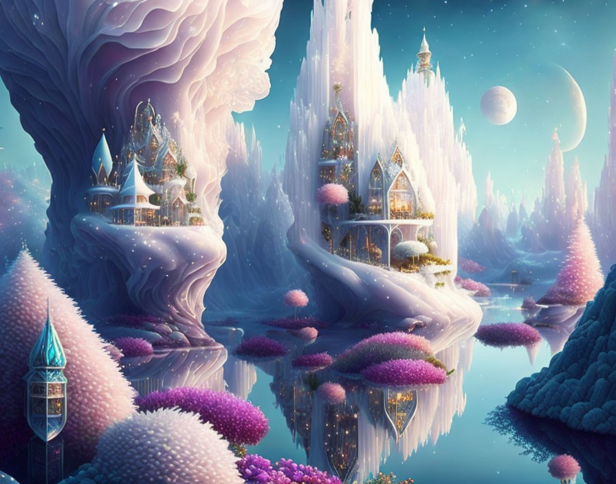 Icy Landscape with Crystal Structures and Pink Flora